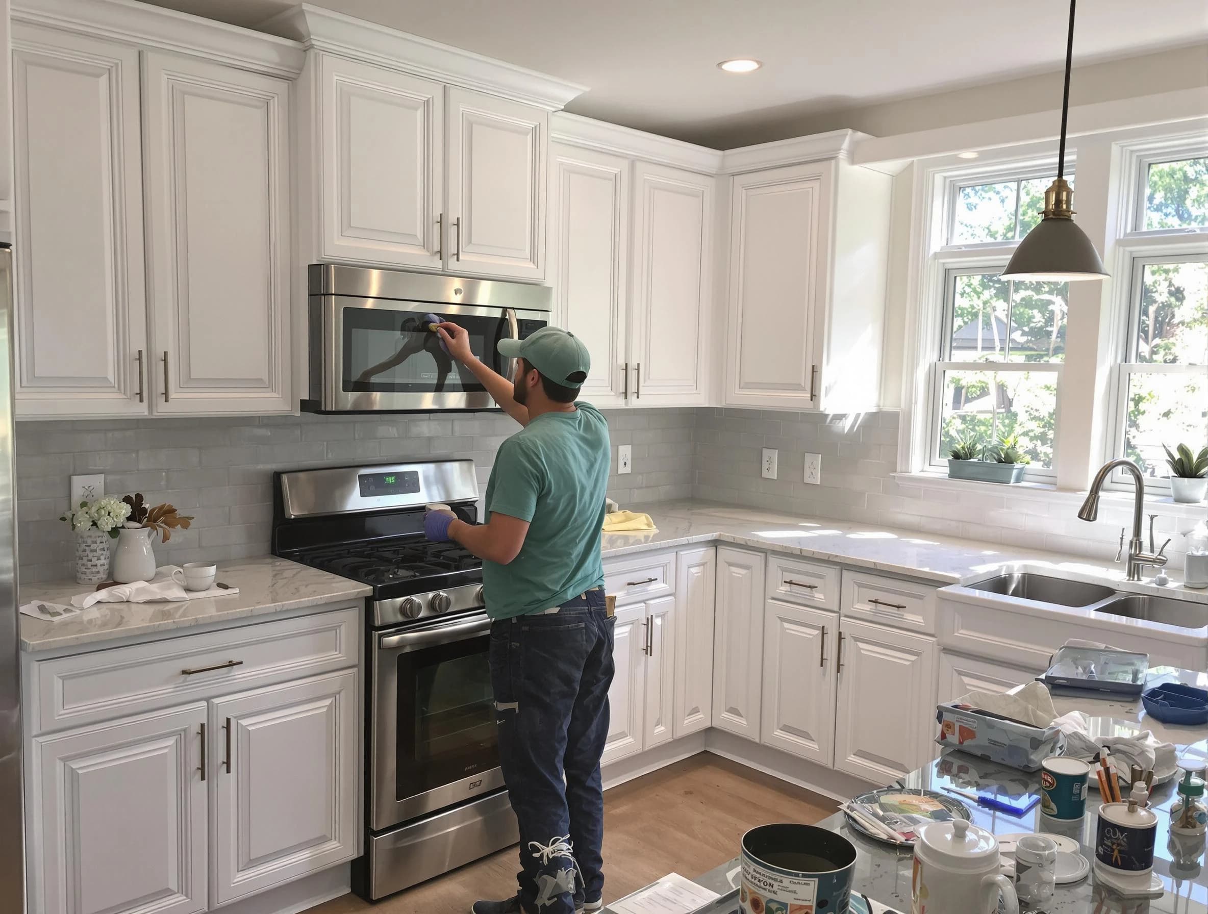 Kitchen cabinets being refinished by Wadsworth House Painters in Wadsworth, OH