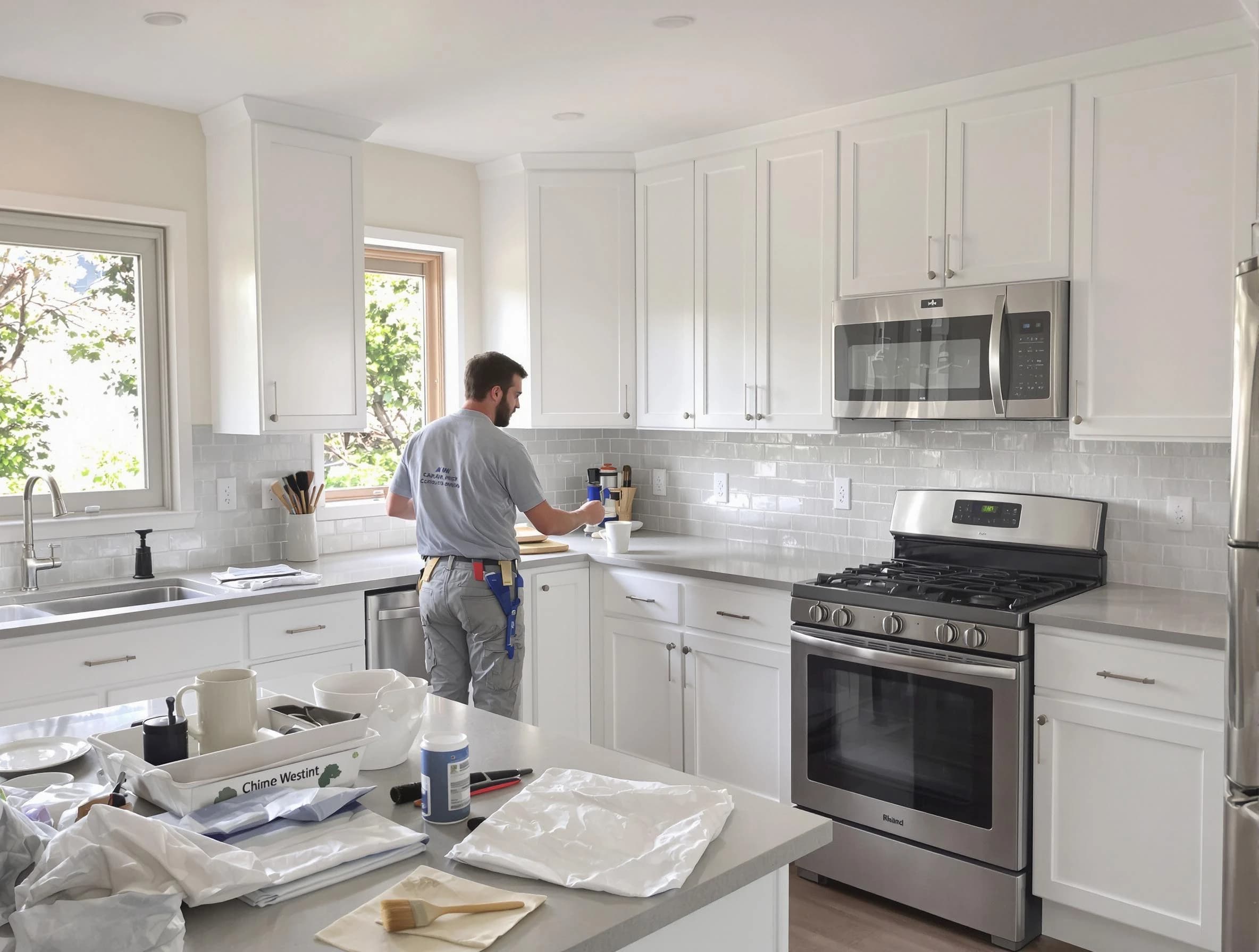 Wadsworth House Painters applying fresh paint on kitchen cabinets in Wadsworth