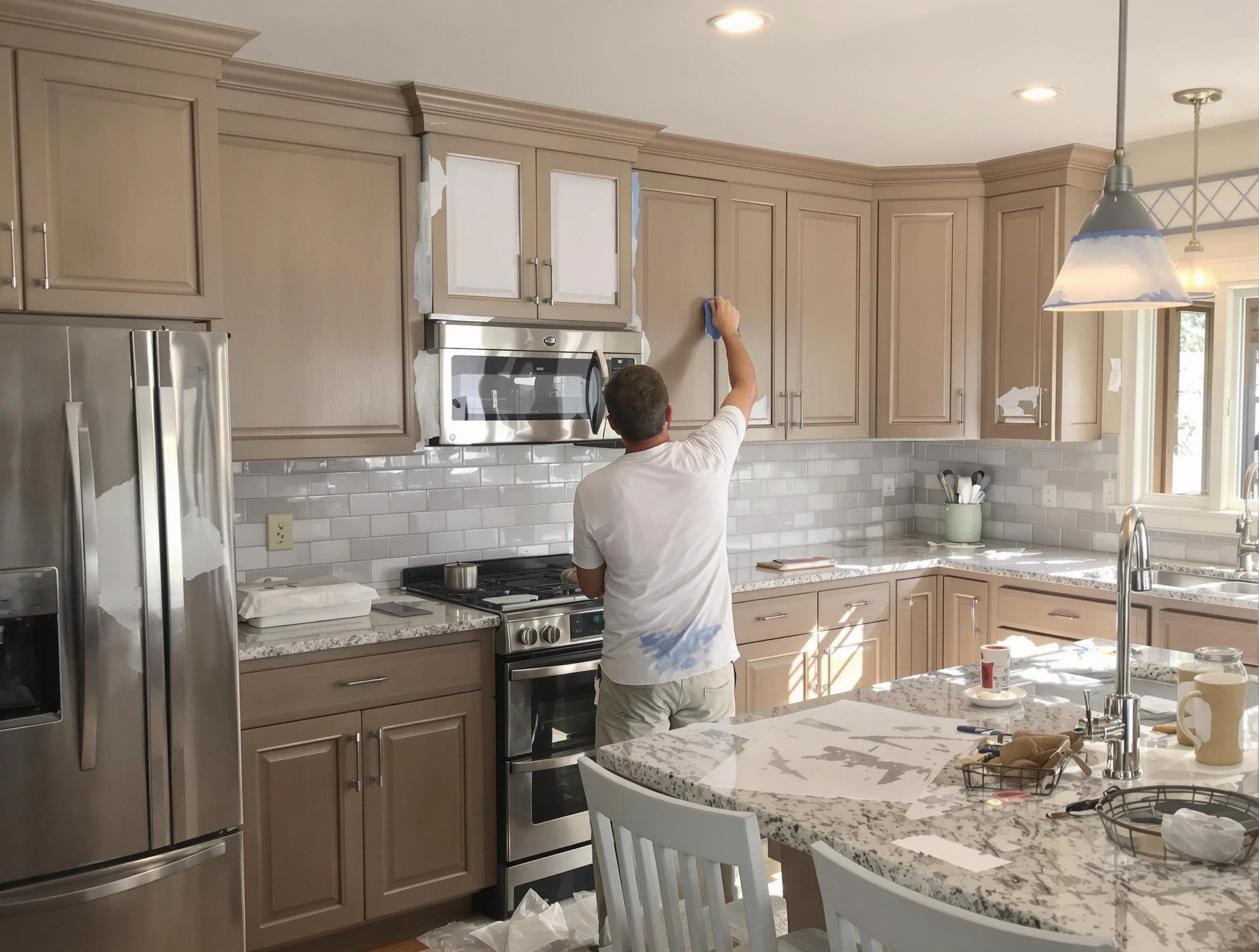 Before-and-after view of kitchen painting by Wadsworth House Painters in Wadsworth